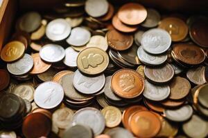A variety of coins from different countries are scattered in a wooden box. photo