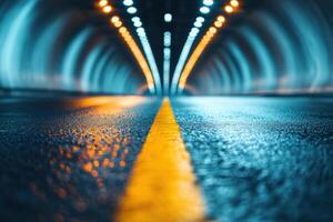 A view down the middle of a wet asphalt tunnel road with yellow lane markings and lights. photo