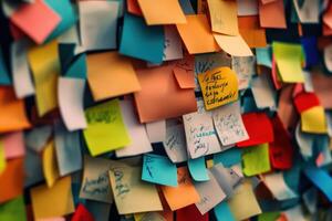 A wall covered with colorful sticky notes with handwritten messages. photo