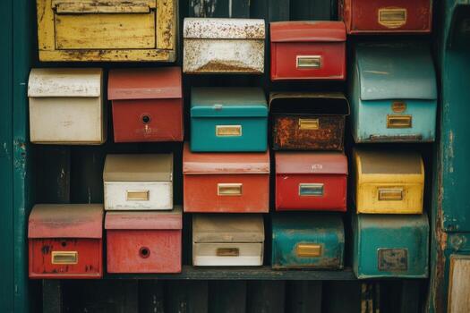 A wall of colorful mailboxes with various designs and colors, some are slightly rusty. photo