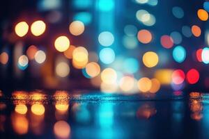 Abstract blurred city lights reflecting on wet pavement at night. photo