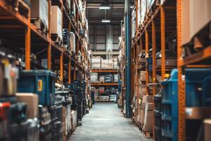 Aisle in a warehouse with shelves stocked with boxes and containers. photo