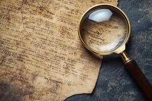 Antique magnifying glass on old parchment paper with handwritten text. photo