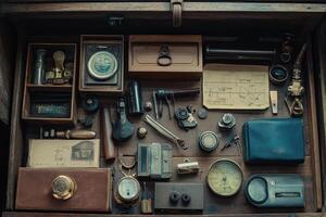 An open wooden drawer filled with various antique tools and trinkets. photo