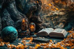 An open book, a globe, and two lit candles rest at the base of a tree in a forest. photo