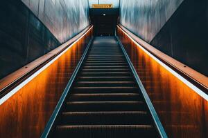 An escalator in a modern building with wooden handrails and lit up panels. photo