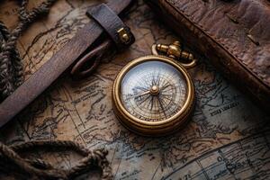 Antique compass, rope, leather case and old world map. photo