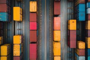 Aerial view of colorful shipping containers stacked in a cargo yard. photo