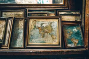 Antique world maps framed in wooden frames on a shelf. photo