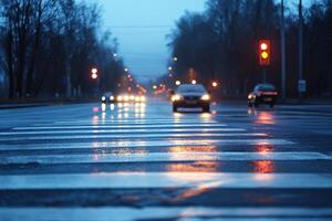 Blurry view of cars driving on wet road at night. photo