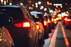 Cars in traffic at night with blurred city lights in the background. photo