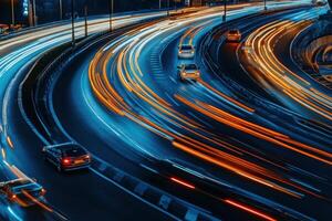 Cars speeding on a highway at night, creating streaks of light. photo