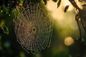 A spiderweb covered in dew drops hangs in the sunlight. photo