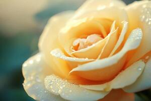 Close-up of a yellow rose with dew drops. photo