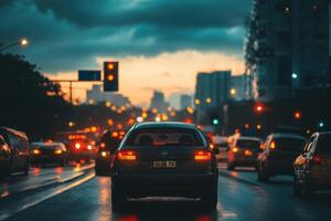 City traffic at dusk with blurred background. photo