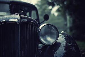 Close-up of a vintage car's headlight and grille, with a blurred background. photo