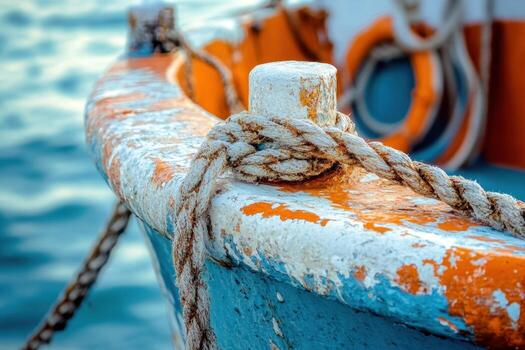 Close-up of a weathered boat with rope tied to a cleat. photo