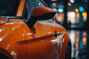 Close-up of an orange car getting washed, with water droplets and soap suds on the side. photo