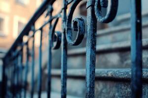 Close-up of an ornate metal railing on a set of stone stairs. photo