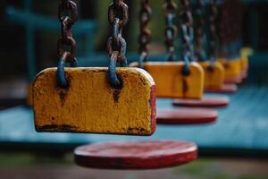 Close-up of colorful wooden swing seats hanging by rusty chains. photo