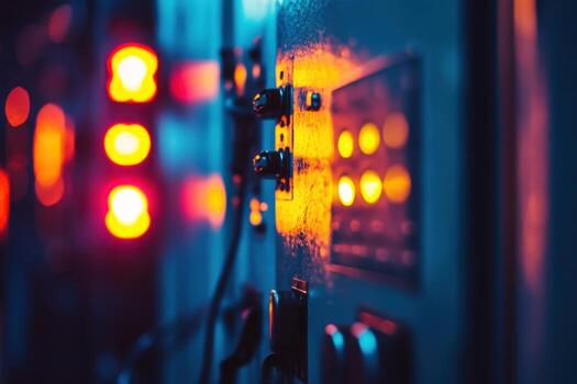Close-up of industrial control panel with glowing lights. photo