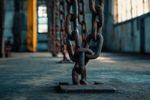 Close-up of rusty chains in an industrial setting. photo
