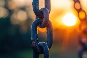 Close-up of a rusty chain with a blurred sunset background. photo