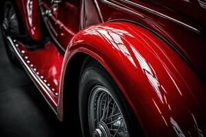 Closeup of a red vintage car's fender and tire. photo