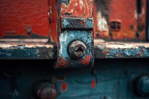 Close-up of a rusty bolt and metal surface. photo