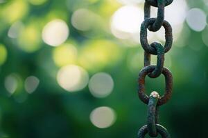 Closeup of a rusty chain with green foliage blurred background. photo