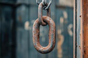 Closeup of a rusty chain link hanging from a metal structure. photo