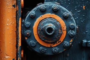 Close-up of a worn, industrial bolt with orange paint. photo