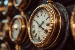 Close-up of a vintage clock face with Roman numerals. photo