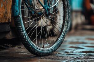 Close-up of a weathered bicycle wheel on a cobblestone street. photo