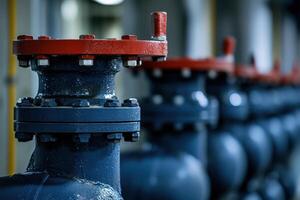 Close-up of industrial pipes and valves in a row. photo