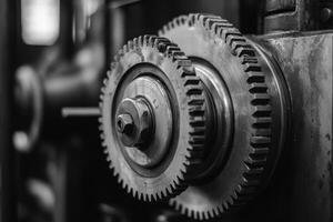 Close-up of two interlocking gears on a machine. photo