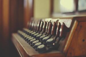Close-up of vintage wooden keyboard with round keys and wooden levers. photo