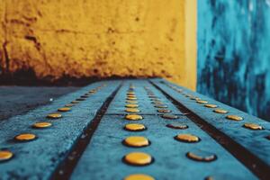 Close-up of yellow tactile paving on a blue sidewalk. photo