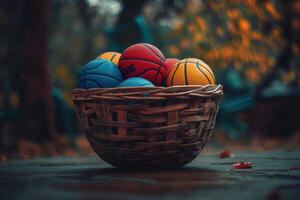 Colorful basketballs in a wicker basket on a wooden surface. photo