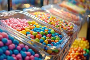 Colorful candies in bulk bins at a store. photo