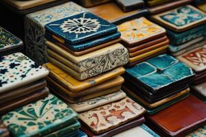 Colorful ceramic tiles stacked on a table at a market. photo