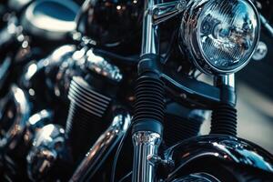 Closeup of a black motorcycle headlight. photo