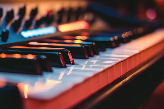 Closeup of a keyboard with colorful lights reflecting off the keys. photo