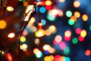 Colorful bokeh lights with string of lights in the foreground. photo