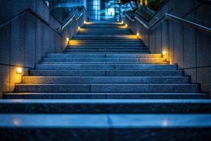 Illuminated concrete staircase leading up at night. photo