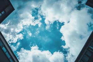 Looking up at the sky through the buildings. photo