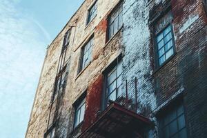 Low angle view of a weathered brick building with windows. photo