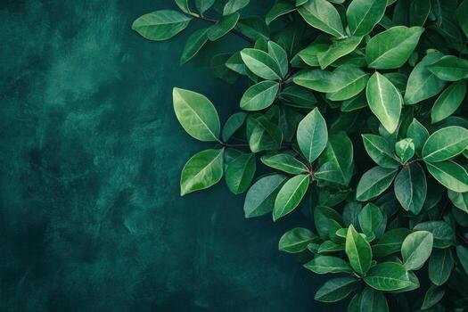 Lush green leaves on a teal background with copy space. photo