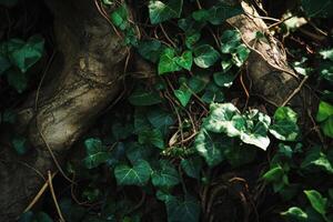Lush green ivy growing over tree roots in a forest. photo