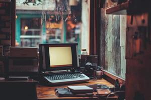 Old computer on a wooden table near a window in a cafe. photo